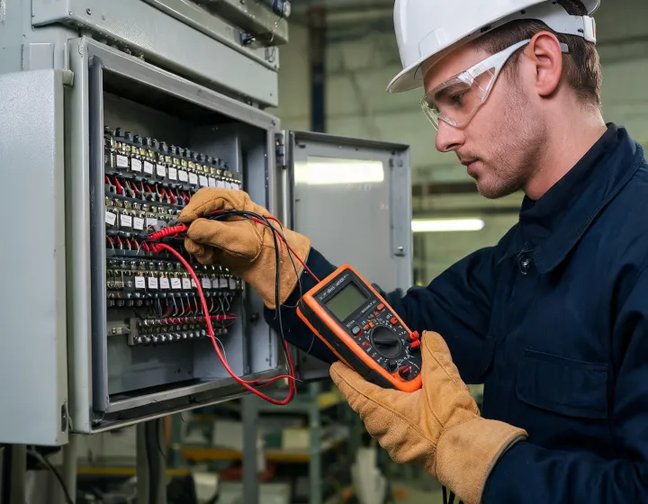 Electrician using a Klein Tools multimeter at a labeled control panel
